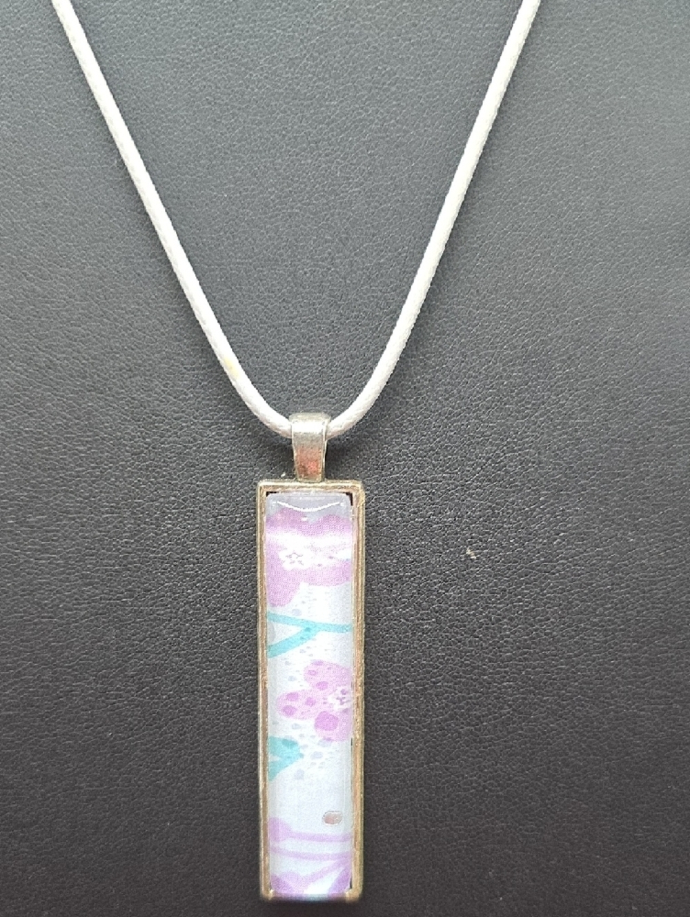 Hand Crafted | Silver | Glass Pendant| Necklace w\ Pink Floral Inlay - Picture 2 of 3